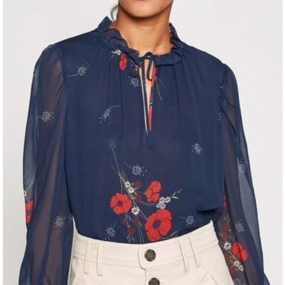 NWOT Joie Navy Silk Popover with Red Flowers - Picture 1 of 11